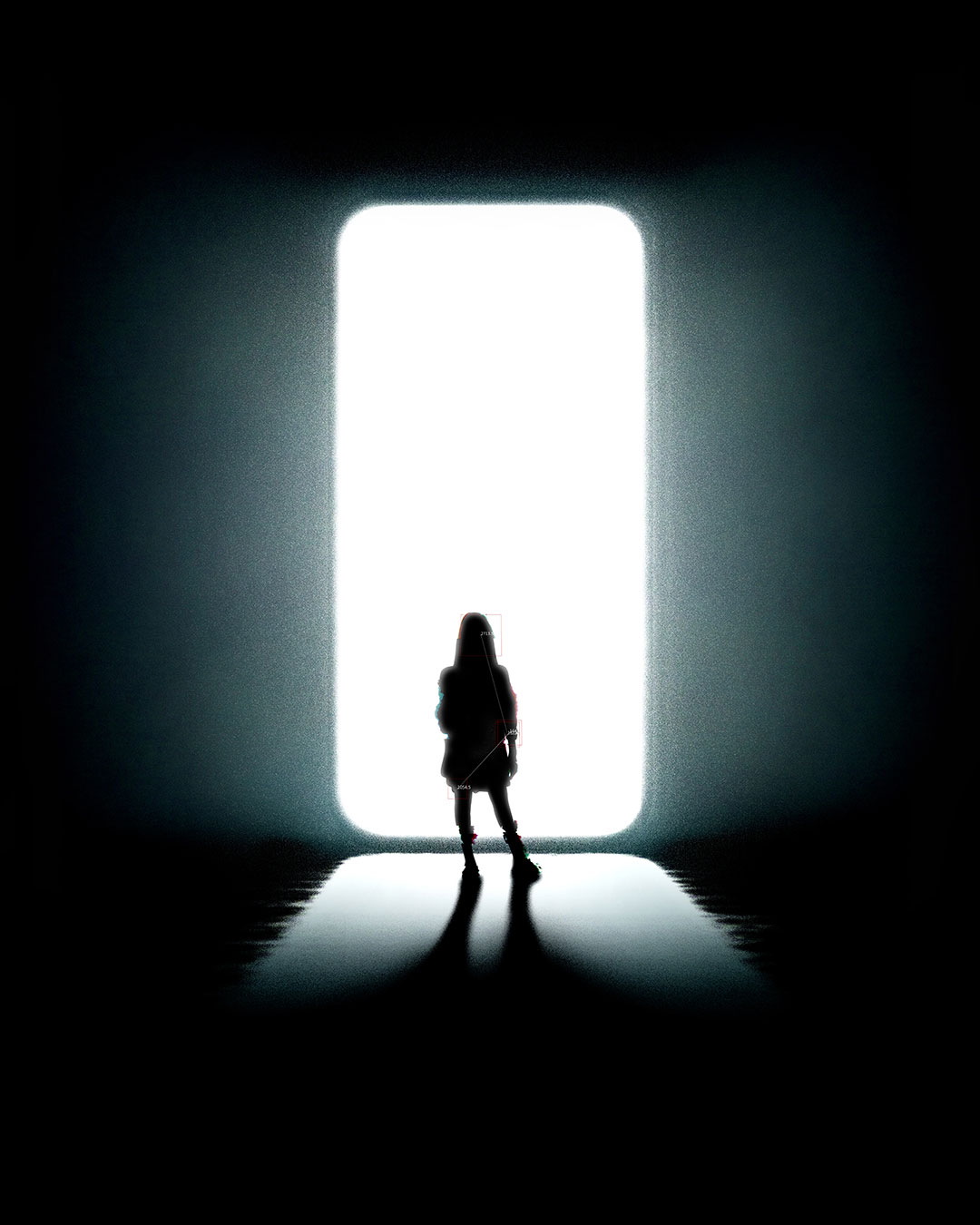 Silhouette of a girl standing in front of a bright glowing phone light in a dark room