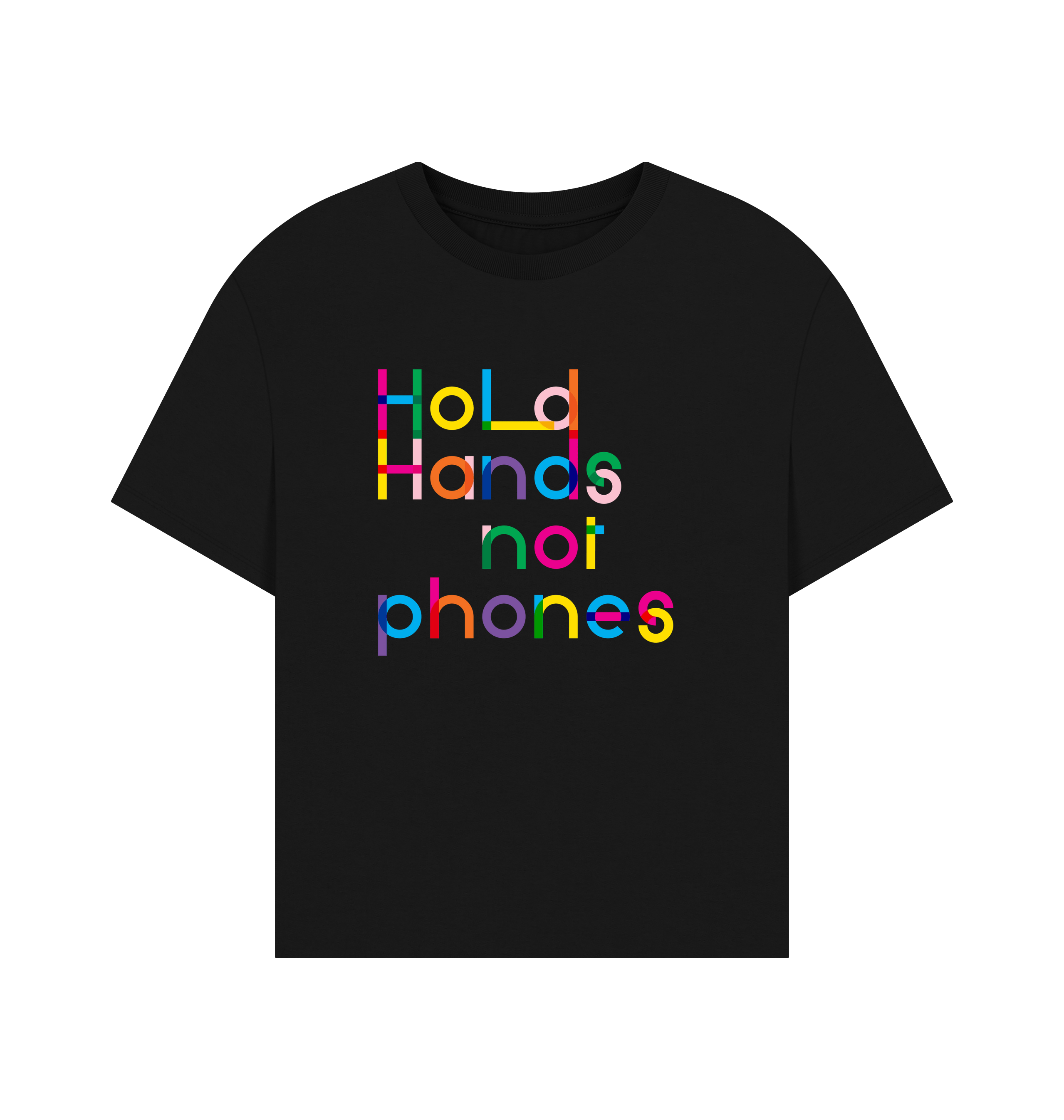 Black t-shirt with colourful Hold Hands not phones graphic